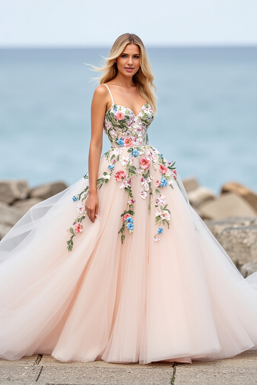Blush Ball Gown Tulle Floral Sweep Train Boho Wedding Dress