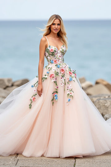 Blush Ball Gown Tulle Floral Sweep Train Boho Wedding Dress