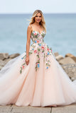 Blush Ball Gown Tulle Floral Sweep Train Boho Wedding Dress