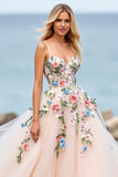 Blush Ball Gown Tulle Floral Sweep Train Boho Wedding Dress