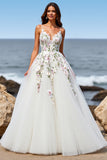 White Tulle Floral A Line Sweep Train Boho Wedding Dress