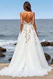 White Tulle Floral A Line Sweep Train Boho Wedding Dress
