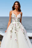 White Tulle Floral A Line Sweep Train Boho Wedding Dress