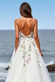White Tulle Floral A Line Sweep Train Boho Wedding Dress