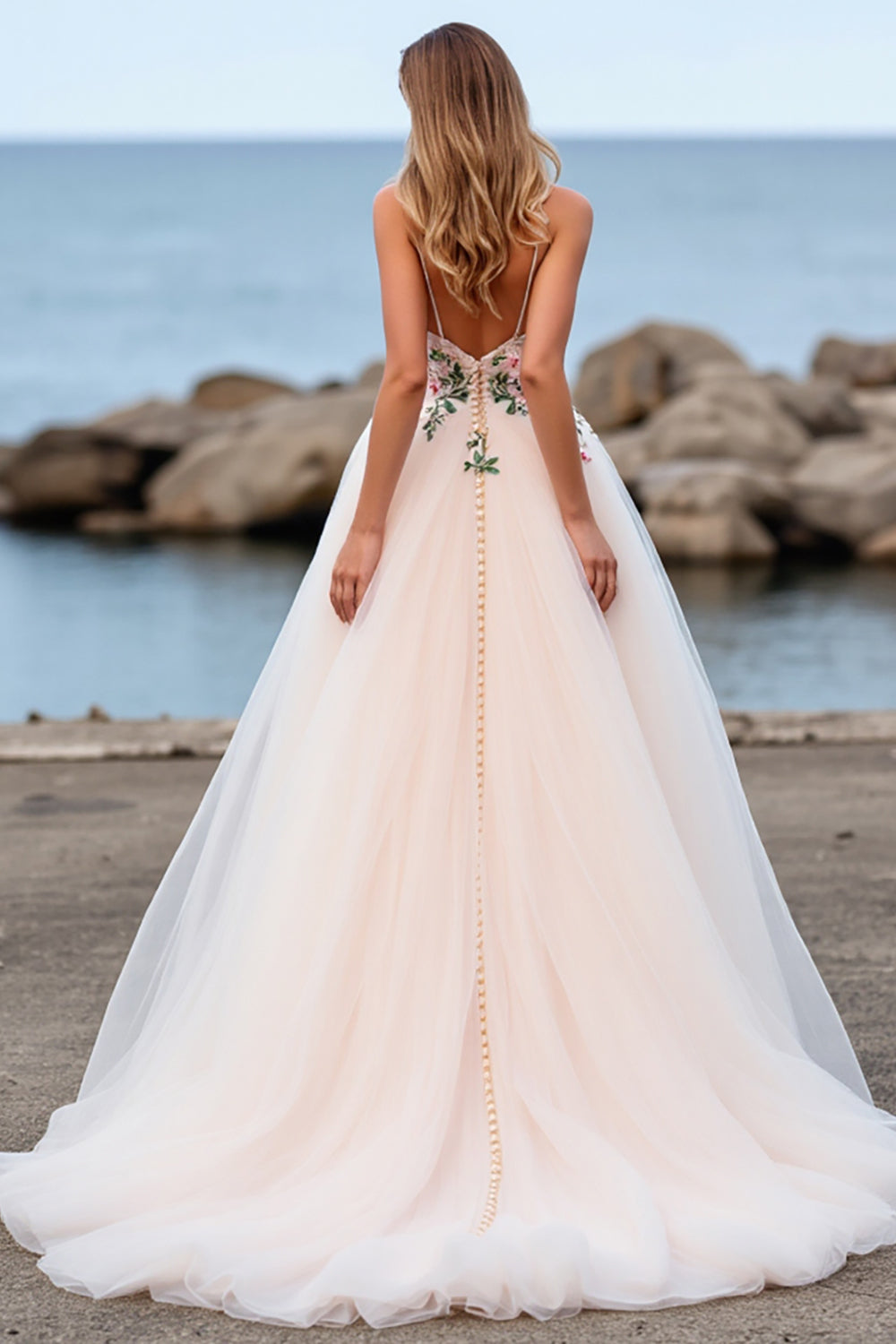 Blush Floral Tulle A Line Sweep Train Boho Wedding Dress