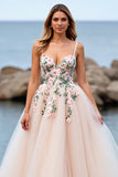 Blush Floral Tulle A Line Sweep Train Boho Wedding Dress