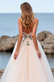 Blush Floral Tulle A Line Sweep Train Boho Wedding Dress