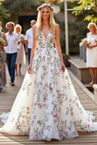 White A Line Sweep Train Boho Wedding Dress with Embroidery