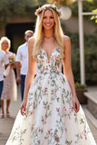 White A Line Sweep Train Boho Wedding Dress with Embroidery