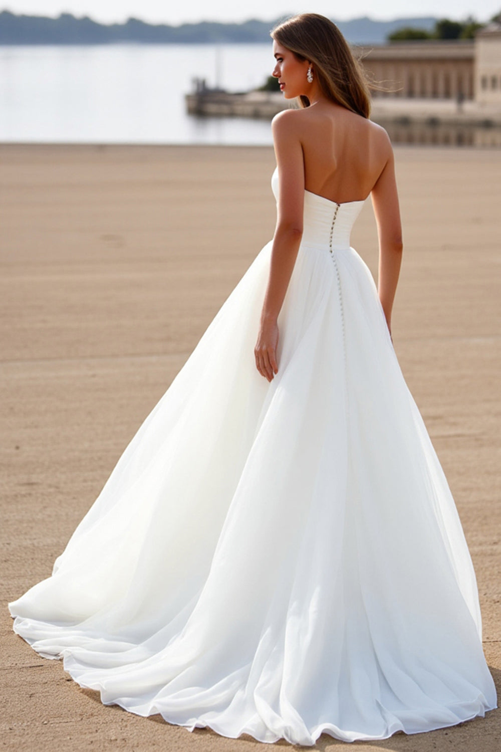 Sweetheart White Chiffon A Line Sweep Train Boho Wedding Dress