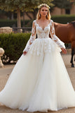 V Neck White Tulle Long Sleeves Sweep Train Boho Wedding Dress with Lace