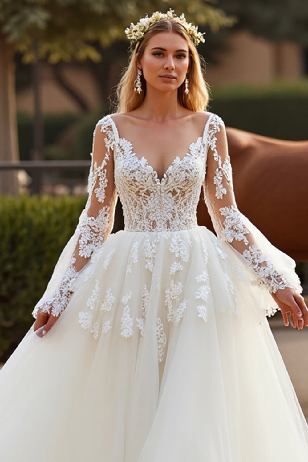 V Neck White Tulle Long Sleeves Sweep Train Boho Wedding Dress with Lace