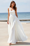 White A Line Square Neck Sweep Train Boho Wedding Dress