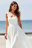 White A Line Square Neck Sweep Train Boho Wedding Dress