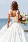 White A Line Square Neck Sweep Train Boho Wedding Dress