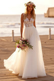 White Tulle Spaghetti Straps A Line Sweep Train Boho Wedding Dress with Lace