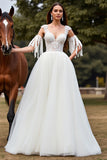 White Tulle A Line Sweep Train Boho Wedding Dress with Lace