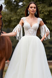 White Tulle A Line Sweep Train Boho Wedding Dress with Lace