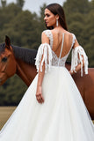 White Tulle A Line Sweep Train Boho Wedding Dress with Lace