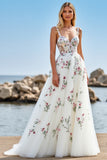 White Tulle Floral A Line Sweep Train Boho Wedding Dress with Appliques