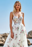 White Tulle Floral A Line Sweep Train Boho Wedding Dress with Appliques