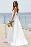 White Square Neck A Line Sweep Train Boho Wedding Dress