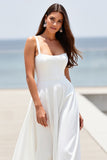 White Square Neck A Line Sweep Train Boho Wedding Dress
