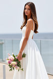 White Square Neck A Line Sweep Train Boho Wedding Dress