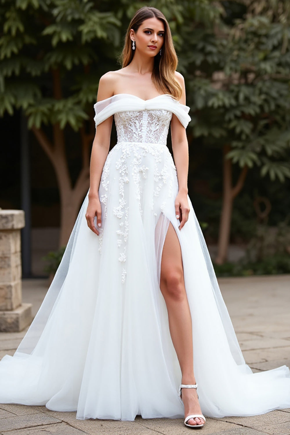Off the Shoulder White Tulle A Line Sweep Train Boho Wedding Dress with Slit