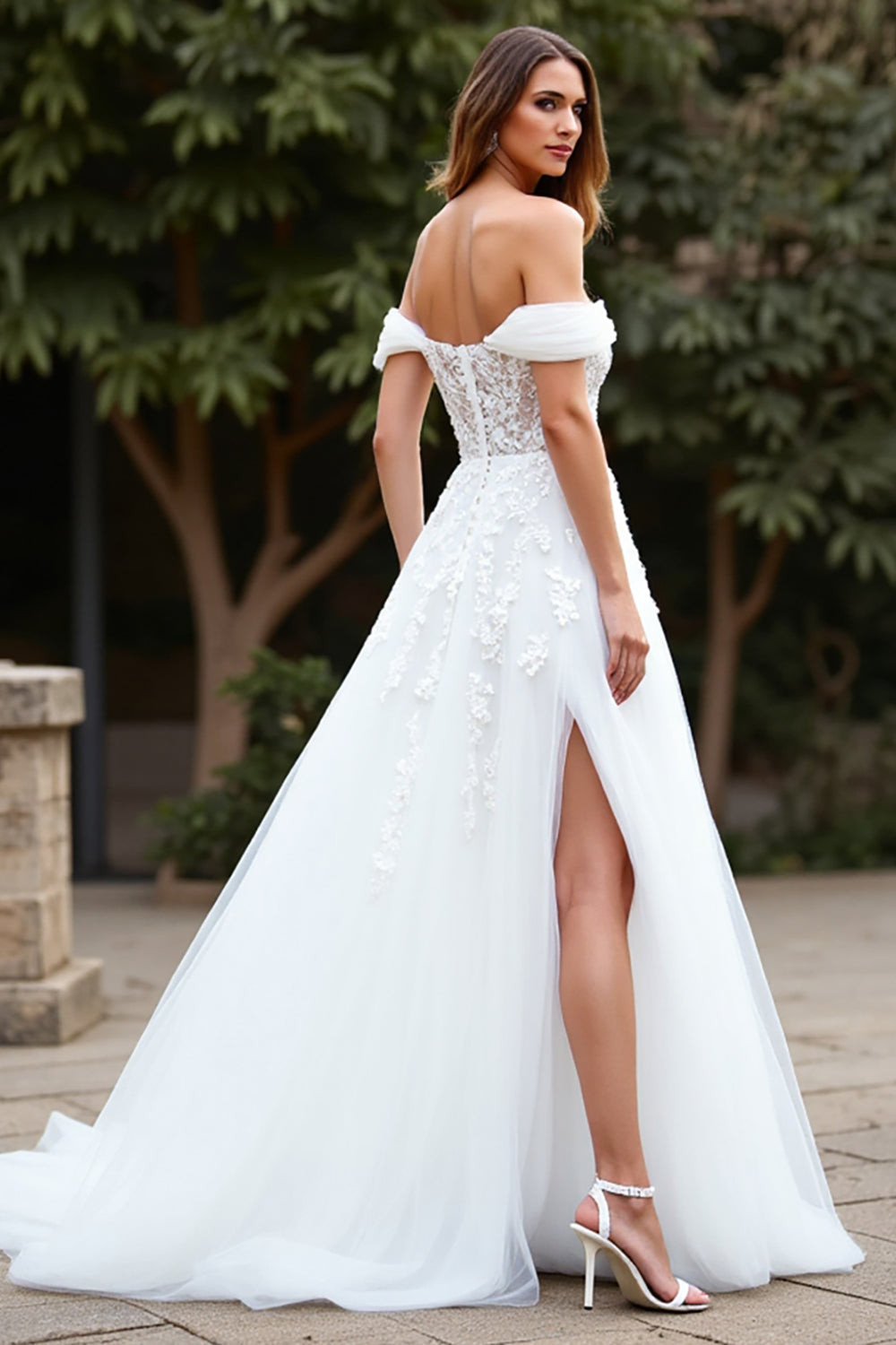 Off the Shoulder White Tulle A Line Sweep Train Boho Wedding Dress with Slit