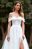 Off the Shoulder White Tulle A Line Sweep Train Boho Wedding Dress with Slit