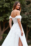 Off the Shoulder White Tulle A Line Sweep Train Boho Wedding Dress with Slit