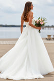 White Tulle A Line Sweetheart Sweep Train Boho Wedding Dress