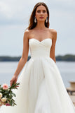 White Tulle A Line Sweetheart Sweep Train Boho Wedding Dress