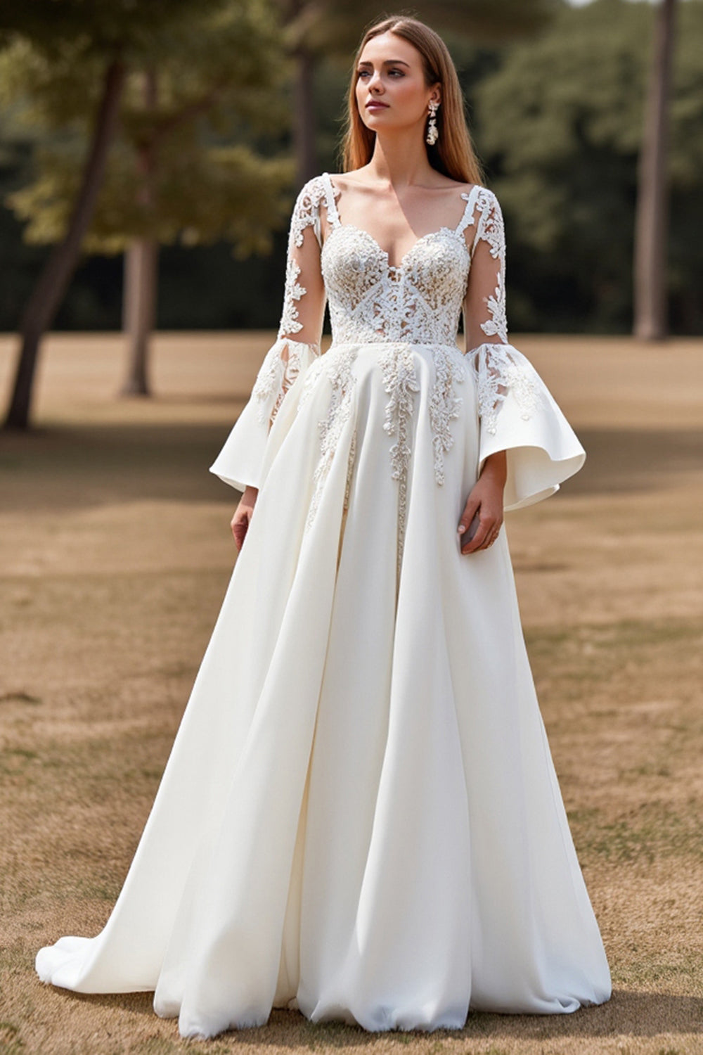 White A Line Flare Sleeves Sweep Train Boho Wedding Dress with Appliques