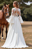 White A Line Flare Sleeves Sweep Train Boho Wedding Dress with Appliques