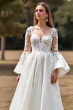 White A Line Flare Sleeves Sweep Train Boho Wedding Dress with Appliques