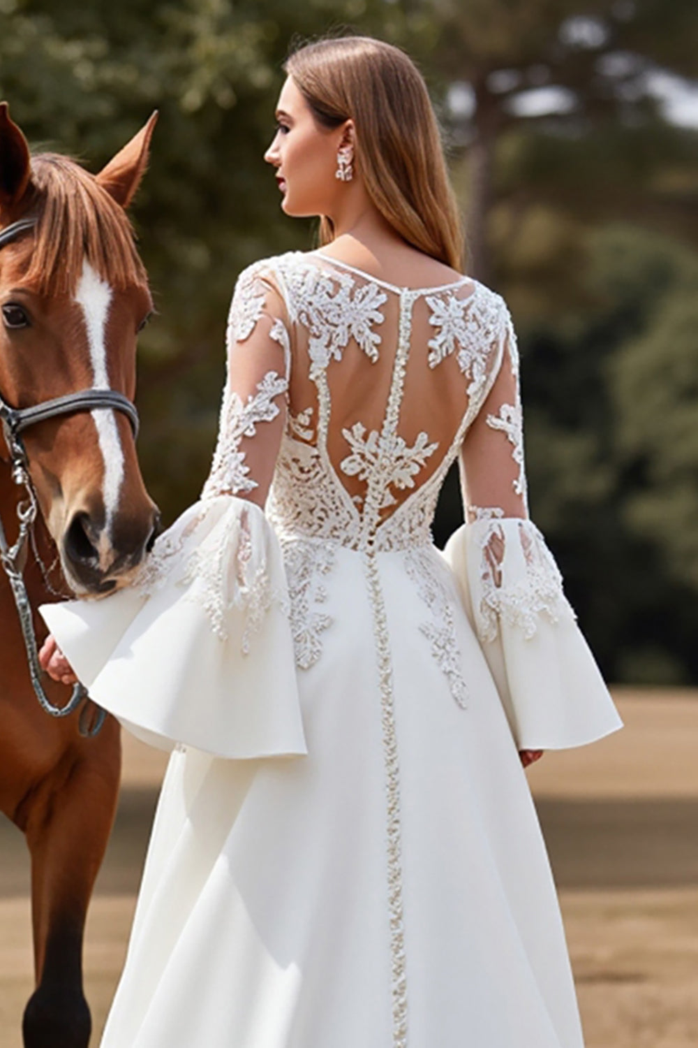 White A Line Flare Sleeves Sweep Train Boho Wedding Dress with Appliques