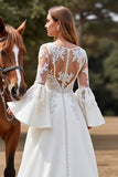 White A Line Flare Sleeves Sweep Train Boho Wedding Dress with Appliques