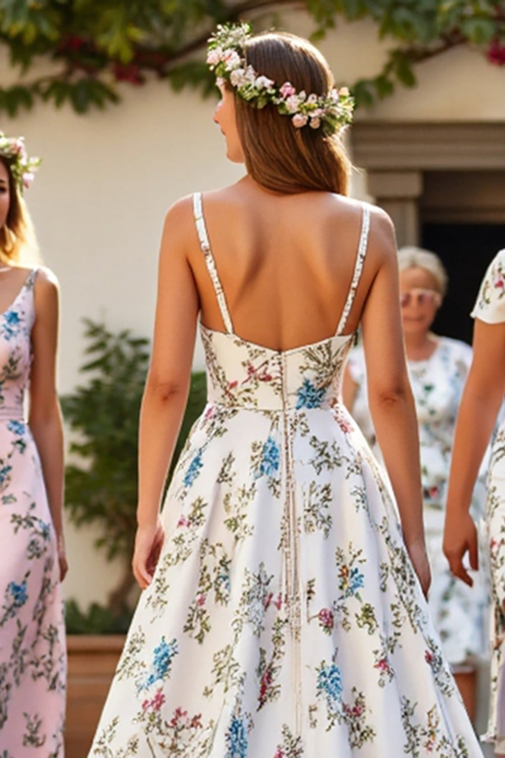 White FLoral V-Neck A Line Sweep Train Wedding Dress