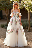 White Tulle Embroidered Off the Shoulder A Line Sweep Train Wedding Dress