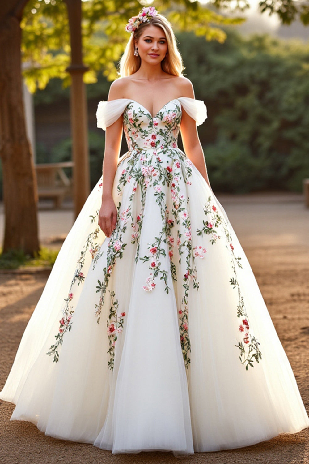 Floral Tulle Ball Gown White Sweep Train Wedding Dress