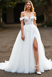 Tulle White Ball Gown Sweep Train Wedding Dress with Lace Appliques