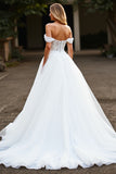 Tulle White Ball Gown Sweep Train Wedding Dress with Lace Appliques