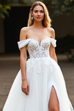 Tulle White Ball Gown Sweep Train Wedding Dress with Lace Appliques