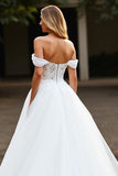 Tulle White Ball Gown Sweep Train Wedding Dress with Lace Appliques