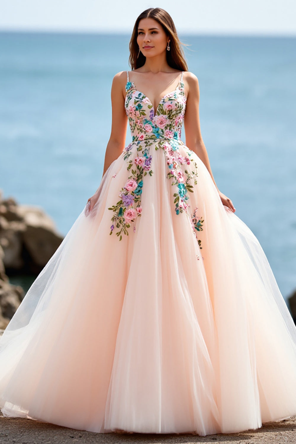 A Line Blush Tulle Boho Sweep Train Wedding Dress with Appliques