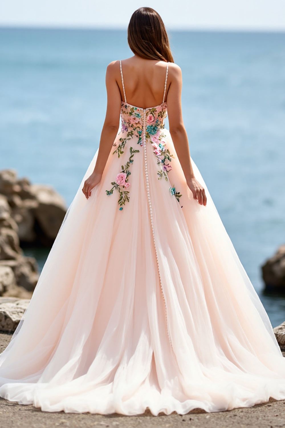 A Line Blush Tulle Boho Sweep Train Wedding Dress with Appliques