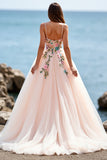 A Line Blush Tulle Boho Sweep Train Wedding Dress with Appliques