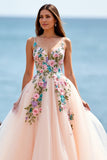 A Line Blush Tulle Boho Sweep Train Wedding Dress with Appliques